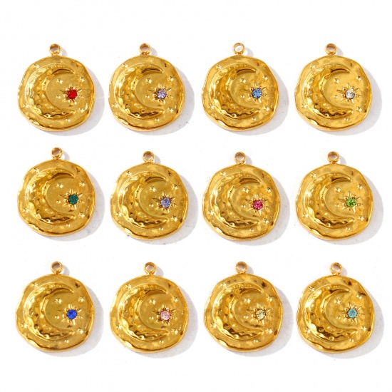 Imagen de 2 Unidades PVD Ecológico Impermeable Antioxidante Hipoalergénico 304 Acero Inoxidable & Circón Artificial Piedra De Nacimiento Colgantes Al Por Mayor 18K Oro Real Chapado Ronda Luna 17mm x 15mm
