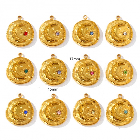Imagen de 2 Unidades PVD Ecológico Impermeable Antioxidante Hipoalergénico 304 Acero Inoxidable & Circón Artificial Piedra De Nacimiento Colgantes Al Por Mayor 18K Oro Real Chapado Ronda Luna 17mm x 15mm