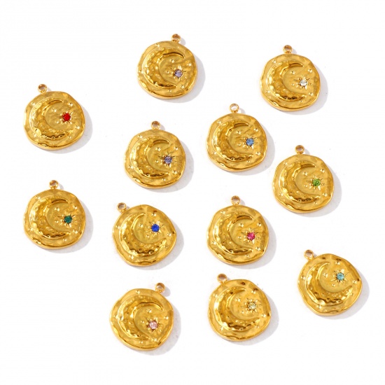 Imagen de 2 Unidades PVD Ecológico Impermeable Antioxidante Hipoalergénico 304 Acero Inoxidable & Circón Artificial Piedra De Nacimiento Colgantes Al Por Mayor 18K Oro Real Chapado Ronda Luna 17mm x 15mm