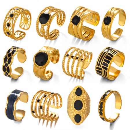 Picture of Wholesale Women's Gift Black Enamel Open Adjustable Rings, 18K Gold Plated 304 Stainless Steel, Eco-friendly PVD Hip-Hop Stylish Jewelry Supply