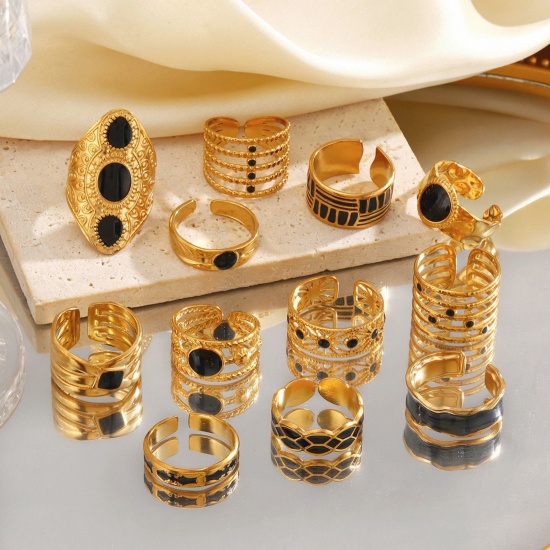 Picture of Wholesale Women's Gift Black Enamel Open Adjustable Rings, 18K Gold Plated 304 Stainless Steel, Eco-friendly PVD Hip-Hop Stylish Jewelry Supply