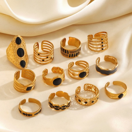 Picture of Wholesale Women's Gift Black Enamel Open Adjustable Rings, 18K Gold Plated 304 Stainless Steel, Eco-friendly PVD Hip-Hop Stylish Jewelry Supply