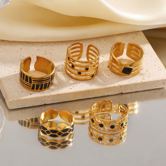 Picture of Wholesale Women's Gift Black Enamel Open Adjustable Rings, 18K Gold Plated 304 Stainless Steel, Eco-friendly PVD Hip-Hop Stylish Jewelry Supply