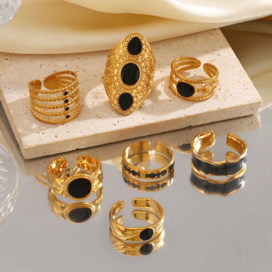 Picture of Wholesale Women's Gift Black Enamel Open Adjustable Rings, 18K Gold Plated 304 Stainless Steel, Eco-friendly PVD Hip-Hop Stylish Jewelry Supply