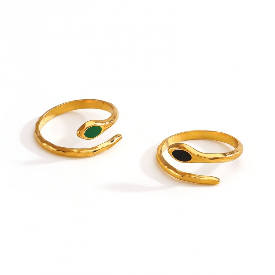 Picture of Wholesale Women's Gift Snake Animal Enamel Open Adjustable Wrap Rings, 18K Gold Plated 304 Stainless Steel, Eco-friendly PVD Exquisite Stylish Jewelry Supply, 17mm(US Size 6.5)