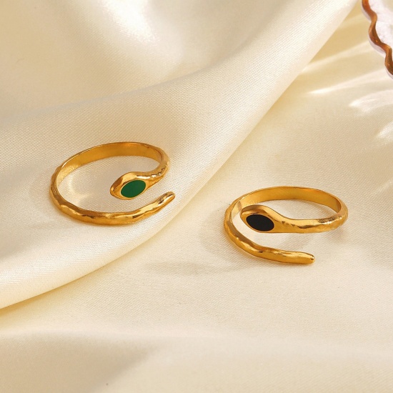 Picture of Wholesale Women's Gift Snake Animal Enamel Open Adjustable Wrap Rings, 18K Gold Plated 304 Stainless Steel, Eco-friendly PVD Exquisite Stylish Jewelry Supply, 17mm(US Size 6.5)