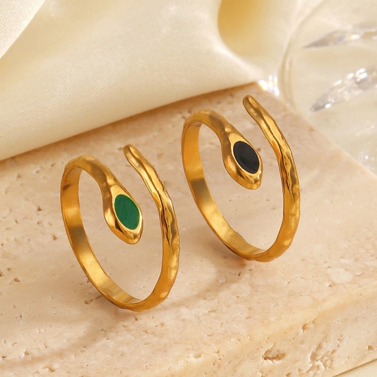 Picture of Wholesale Women's Gift Snake Animal Enamel Open Adjustable Wrap Rings, 18K Gold Plated 304 Stainless Steel, Eco-friendly PVD Exquisite Stylish Jewelry Supply, 17mm(US Size 6.5)