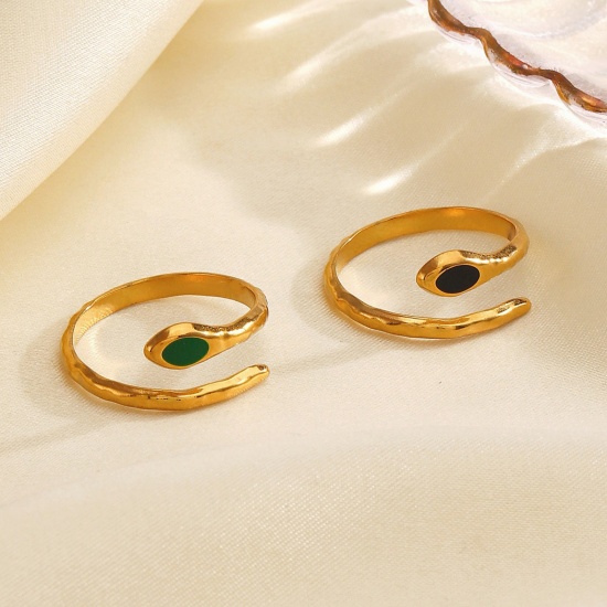 Picture of Wholesale Women's Gift Snake Animal Enamel Open Adjustable Wrap Rings, 18K Gold Plated 304 Stainless Steel, Eco-friendly PVD Exquisite Stylish Jewelry Supply, 17mm(US Size 6.5)