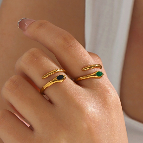 Picture of Wholesale Women's Gift Snake Animal Enamel Open Adjustable Wrap Rings, 18K Gold Plated 304 Stainless Steel, Eco-friendly PVD Exquisite Stylish Jewelry Supply, 17mm(US Size 6.5)