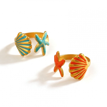 Immagine di Donne Regalo Conchiglia Stella Marina Smalto Aperto Regolabile Anello All'Ingrosso, Placcato Oro 18K 304 Acciaio Inossidabile, PVD Ecologica Gioielli Oceanici Elegante Fornitura di Gioielli, 17mm (taglia di US: 6.5), 1 Pz