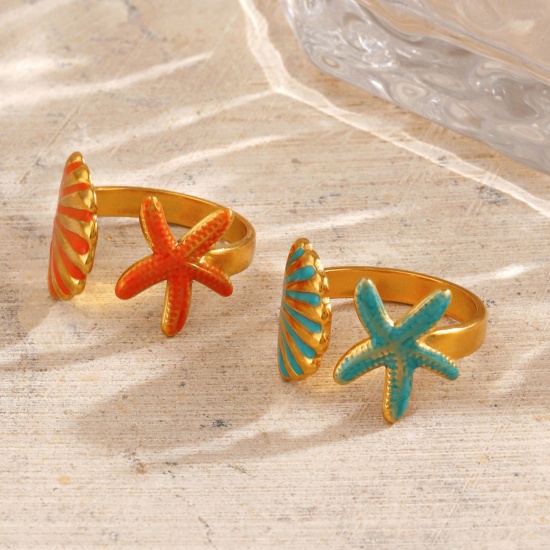 Picture of Wholesale Women's Gift Shell Star Fish Enamel Open Adjustable Rings, 18K Gold Plated 304 Stainless Steel, Eco-friendly PVD Ocean Jewelry Stylish Jewelry Supply, 17mm(US Size 6.5)