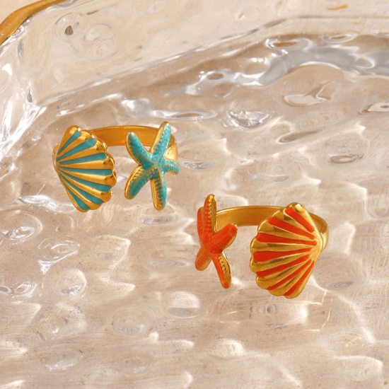 Picture of Wholesale Women's Gift Shell Star Fish Enamel Open Adjustable Rings, 18K Gold Plated 304 Stainless Steel, Eco-friendly PVD Ocean Jewelry Stylish Jewelry Supply, 17mm(US Size 6.5)