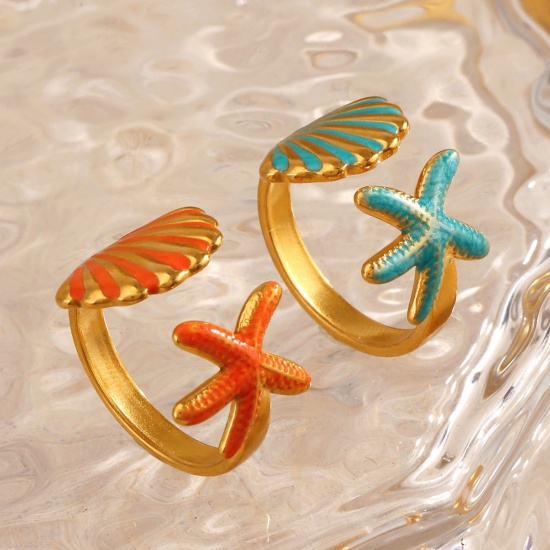 Picture of Wholesale Women's Gift Shell Star Fish Enamel Open Adjustable Rings, 18K Gold Plated 304 Stainless Steel, Eco-friendly PVD Ocean Jewelry Stylish Jewelry Supply, 17mm(US Size 6.5)