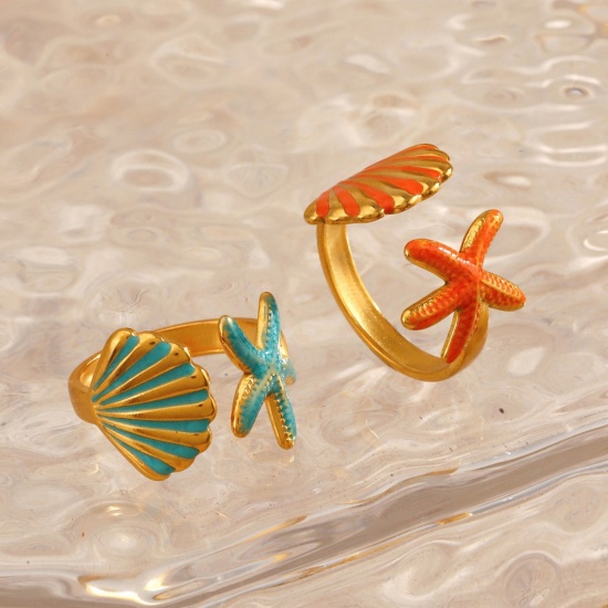 Picture of Wholesale Women's Gift Shell Star Fish Enamel Open Adjustable Rings, 18K Gold Plated 304 Stainless Steel, Eco-friendly PVD Ocean Jewelry Stylish Jewelry Supply, 17mm(US Size 6.5)