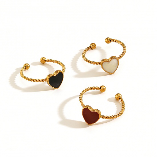Imagen de Mujeres Regalo Corazón Esmalte Abierto Ajustable Anillos Al Por Mayor, Chapado en Oro de 18K 304 Acero Inoxidable, PVD Ecológico día de San Valentín Elegante Suministro de Joyería, 17mm (US size 6.5), 1 Unidad