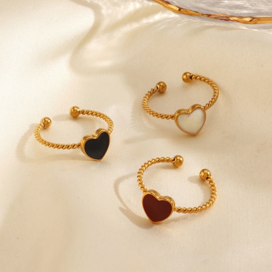Imagen de Mujeres Regalo Corazón Esmalte Abierto Ajustable Anillos Al Por Mayor, Chapado en Oro de 18K 304 Acero Inoxidable, PVD Ecológico día de San Valentín Elegante Suministro de Joyería, 17mm (US size 6.5), 1 Unidad