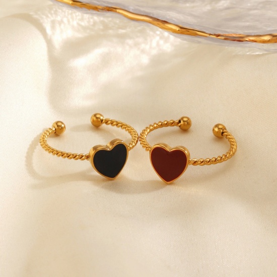 Imagen de Mujeres Regalo Corazón Esmalte Abierto Ajustable Anillos Al Por Mayor, Chapado en Oro de 18K 304 Acero Inoxidable, PVD Ecológico día de San Valentín Elegante Suministro de Joyería, 17mm (US size 6.5), 1 Unidad