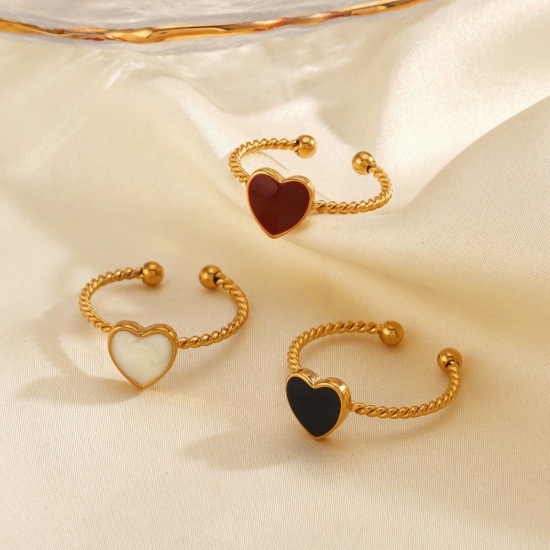 Imagen de Mujeres Regalo Corazón Esmalte Abierto Ajustable Anillos Al Por Mayor, Chapado en Oro de 18K 304 Acero Inoxidable, PVD Ecológico día de San Valentín Elegante Suministro de Joyería, 17mm (US size 6.5), 1 Unidad