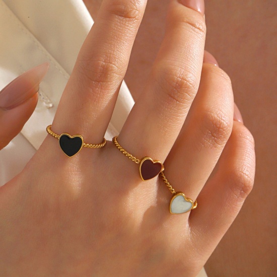 Imagen de Mujeres Regalo Corazón Esmalte Abierto Ajustable Anillos Al Por Mayor, Chapado en Oro de 18K 304 Acero Inoxidable, PVD Ecológico día de San Valentín Elegante Suministro de Joyería, 17mm (US size 6.5), 1 Unidad