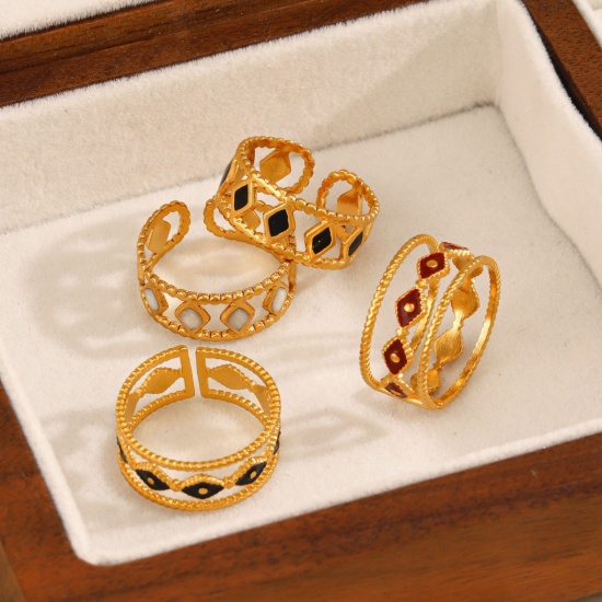 Picture of Wholesale Women's Gift Enamel Open Adjustable Rings, 18K Gold Plated 304 Stainless Steel, Eco-friendly PVD Simple Stylish Jewelry Supply, 17mm(US Size 6.5)