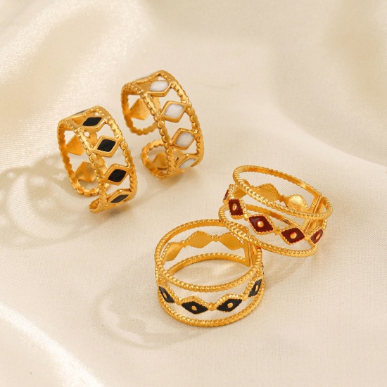 Picture of Wholesale Women's Gift Enamel Open Adjustable Rings, 18K Gold Plated 304 Stainless Steel, Eco-friendly PVD Simple Stylish Jewelry Supply, 17mm(US Size 6.5)