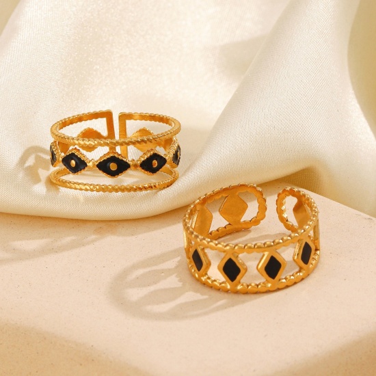 Picture of Wholesale Women's Gift Enamel Open Adjustable Rings, 18K Gold Plated 304 Stainless Steel, Eco-friendly PVD Simple Stylish Jewelry Supply, 17mm(US Size 6.5)
