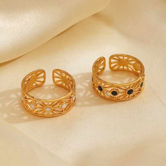 Picture of Wholesale Women's Gift Enamel Open Adjustable Rings, 18K Gold Plated 304 Stainless Steel, Eco-friendly PVD Simple Stylish Jewelry Supply, 17mm(US Size 6.5)