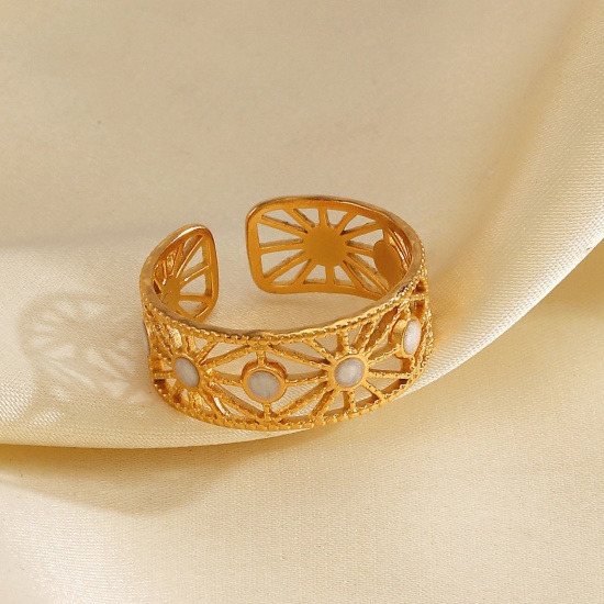 Picture of Wholesale Women's Gift Enamel Open Adjustable Rings, 18K Gold Plated 304 Stainless Steel, Eco-friendly PVD Simple Stylish Jewelry Supply, 17mm(US Size 6.5)