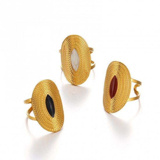 Picture of Wholesale Women's Gift Oval Enamel Open Adjustable Rings, 18K Gold Plated 304 Stainless Steel, Eco-friendly PVD Hip-Hop Stylish Jewelry Supply, 17mm(US Size 6.5)