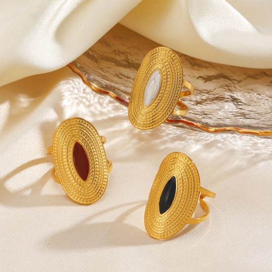Picture of Wholesale Women's Gift Oval Enamel Open Adjustable Rings, 18K Gold Plated 304 Stainless Steel, Eco-friendly PVD Hip-Hop Stylish Jewelry Supply, 17mm(US Size 6.5)