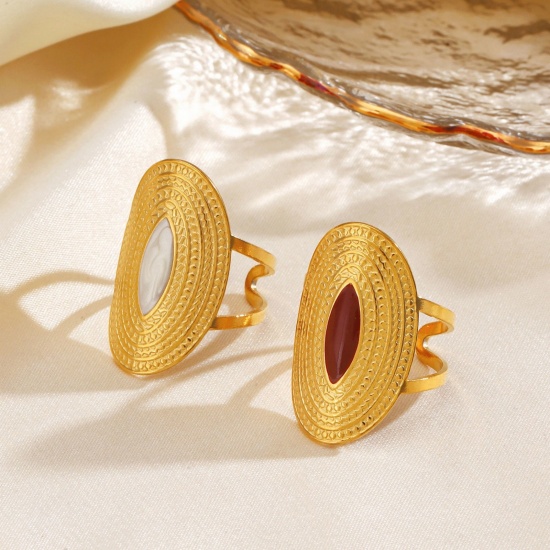 Picture of Wholesale Women's Gift Oval Enamel Open Adjustable Rings, 18K Gold Plated 304 Stainless Steel, Eco-friendly PVD Hip-Hop Stylish Jewelry Supply, 17mm(US Size 6.5)