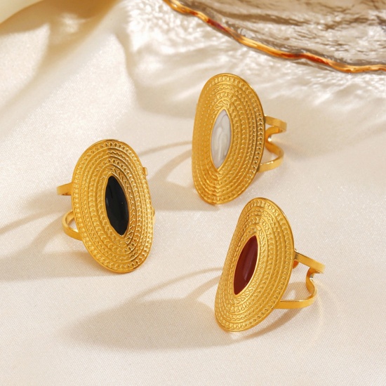 Picture of Wholesale Women's Gift Oval Enamel Open Adjustable Rings, 18K Gold Plated 304 Stainless Steel, Eco-friendly PVD Hip-Hop Stylish Jewelry Supply, 17mm(US Size 6.5)