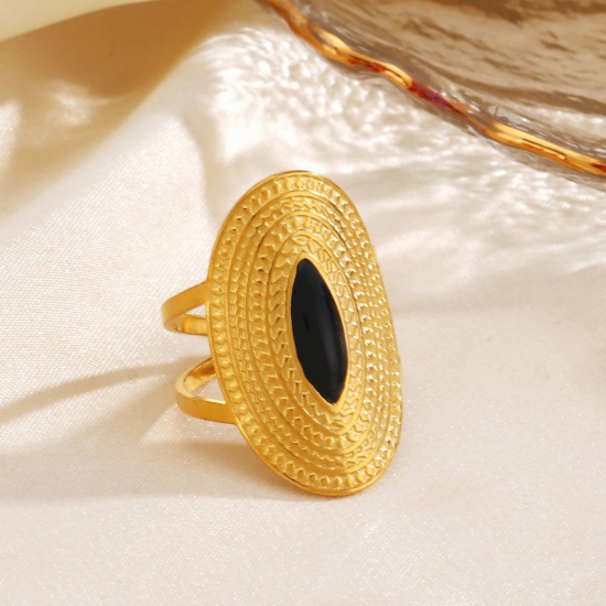 Picture of Wholesale Women's Gift Oval Enamel Open Adjustable Rings, 18K Gold Plated 304 Stainless Steel, Eco-friendly PVD Hip-Hop Stylish Jewelry Supply, 17mm(US Size 6.5)