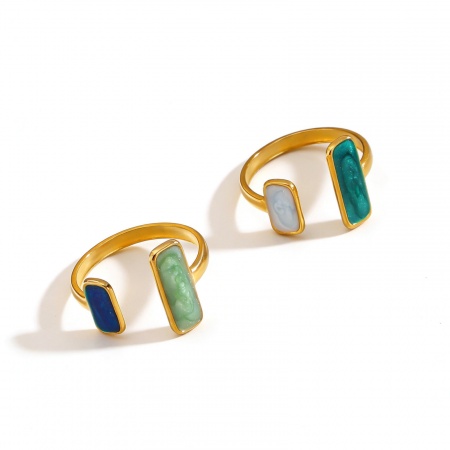 Picture of Wholesale Women's Gift Rectangle Enamel Open Adjustable Rings, 18K Gold Plated 304 Stainless Steel, Eco-friendly PVD Retro Stylish Jewelry Supply, 17mm(US Size 6.5)