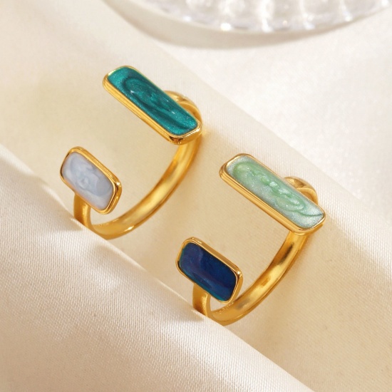 Immagine di Donne Regalo Rettangolo Smalto Aperto Regolabile Anello All'Ingrosso, Placcato Oro 18K 304 Acciaio Inossidabile, PVD Ecologica Retrò Elegante Fornitura di Gioielli, 17mm (taglia di US: 6.5), 1 Pz
