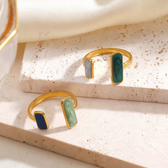 Immagine di Donne Regalo Rettangolo Smalto Aperto Regolabile Anello All'Ingrosso, Placcato Oro 18K 304 Acciaio Inossidabile, PVD Ecologica Retrò Elegante Fornitura di Gioielli, 17mm (taglia di US: 6.5), 1 Pz