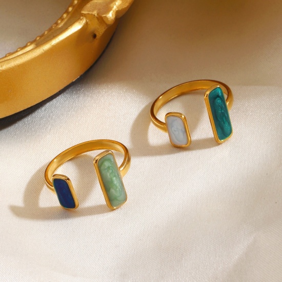 Immagine di Donne Regalo Rettangolo Smalto Aperto Regolabile Anello All'Ingrosso, Placcato Oro 18K 304 Acciaio Inossidabile, PVD Ecologica Retrò Elegante Fornitura di Gioielli, 17mm (taglia di US: 6.5), 1 Pz