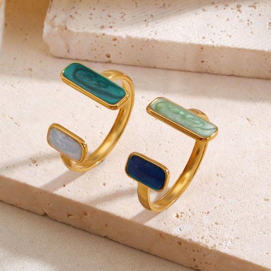 Immagine di Donne Regalo Rettangolo Smalto Aperto Regolabile Anello All'Ingrosso, Placcato Oro 18K 304 Acciaio Inossidabile, PVD Ecologica Retrò Elegante Fornitura di Gioielli, 17mm (taglia di US: 6.5), 1 Pz