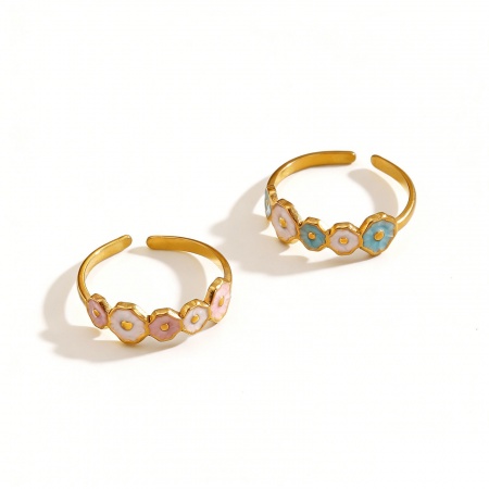 Picture of Wholesale Women's Gift Flower Enamel Open Adjustable Rings, 18K Gold Plated 304 Stainless Steel, Eco-friendly PVD Cute Stylish Jewelry Supply, 17mm(US Size 6.5)