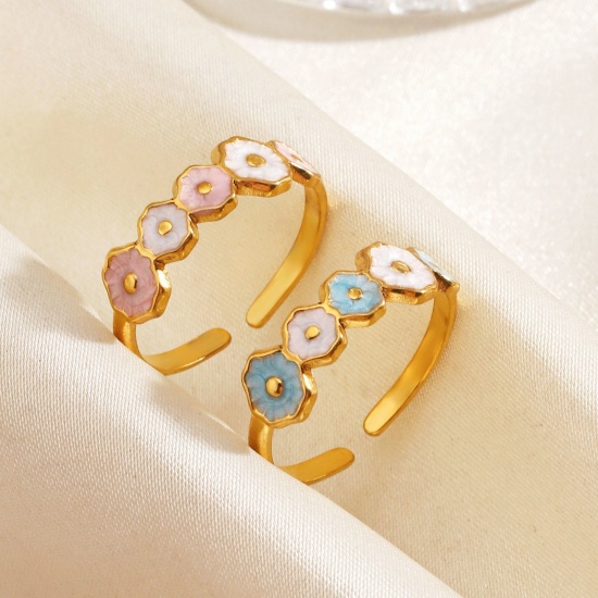 Picture of Wholesale Women's Gift Flower Enamel Open Adjustable Rings, 18K Gold Plated 304 Stainless Steel, Eco-friendly PVD Cute Stylish Jewelry Supply, 17mm(US Size 6.5)