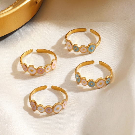 Picture of Wholesale Women's Gift Flower Enamel Open Adjustable Rings, 18K Gold Plated 304 Stainless Steel, Eco-friendly PVD Cute Stylish Jewelry Supply, 17mm(US Size 6.5)