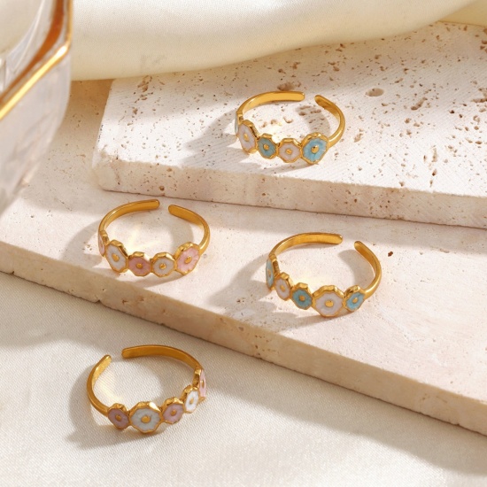 Picture of Wholesale Women's Gift Flower Enamel Open Adjustable Rings, 18K Gold Plated 304 Stainless Steel, Eco-friendly PVD Cute Stylish Jewelry Supply, 17mm(US Size 6.5)