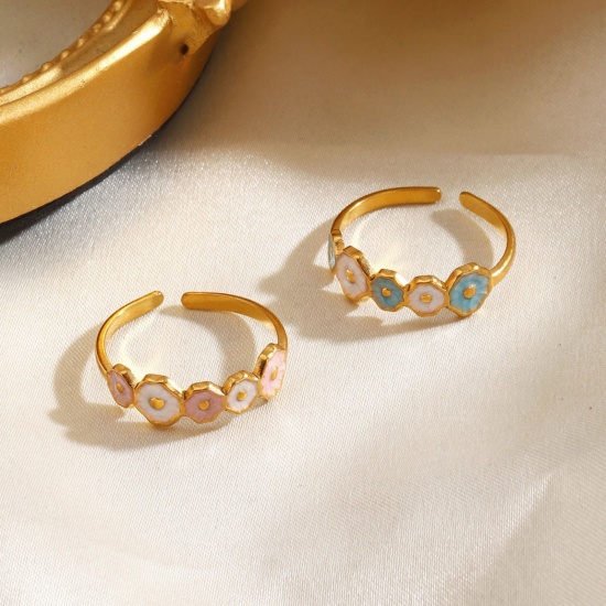 Picture of Wholesale Women's Gift Flower Enamel Open Adjustable Rings, 18K Gold Plated 304 Stainless Steel, Eco-friendly PVD Cute Stylish Jewelry Supply, 17mm(US Size 6.5)