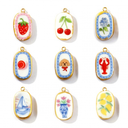 Immagine di 2 Pz PVD Ecologica Impermeabile Anti-Ossidante Ipoallergenico 304 Acciaio Inossidabile & Ceramica Ciondoli Pendenti All'Ingrosso 18K Vero Oro Placcato Ovale Stampato 3cm x 1.6cm