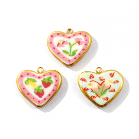 Immagine di 2 Pz PVD Ecologica Impermeabile Anti-Ossidante Ipoallergenico 304 Acciaio Inossidabile & Ceramica San Valentino Ciondoli All'Ingrosso 18K Vero Oro Placcato Multicolore Cuore Stampato 27mm x 24mm