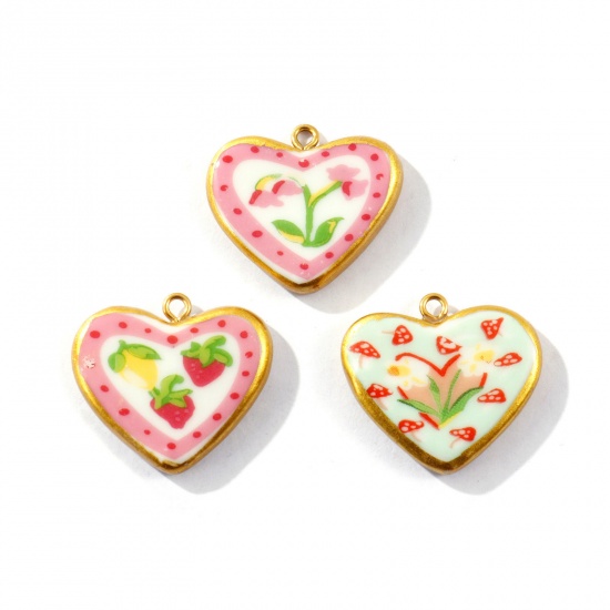 Picture of Eco-friendly PVD Waterproof Anti-Tarnish Hypoallergenic 304 Stainless Steel & Ceramic Valentine's Day Charms Wholesale 18K Real Gold Plated Multicolor Heart Printed 27mm x 24mm