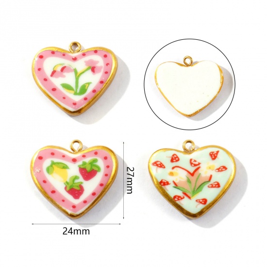 Picture of Eco-friendly PVD Waterproof Anti-Tarnish Hypoallergenic 304 Stainless Steel & Ceramic Valentine's Day Charms Wholesale 18K Real Gold Plated Multicolor Heart Printed 27mm x 24mm