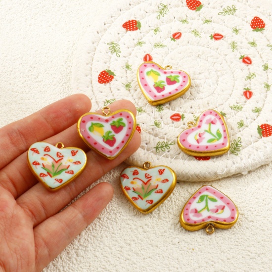 Picture of Eco-friendly PVD Waterproof Anti-Tarnish Hypoallergenic 304 Stainless Steel & Ceramic Valentine's Day Charms Wholesale 18K Real Gold Plated Multicolor Heart Printed 27mm x 24mm