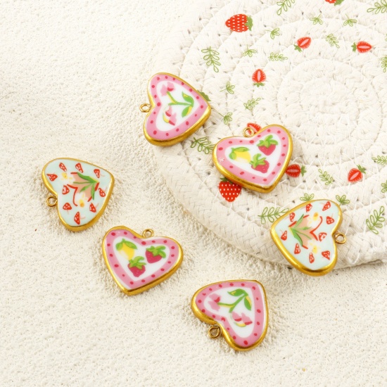 Picture of Eco-friendly PVD Waterproof Anti-Tarnish Hypoallergenic 304 Stainless Steel & Ceramic Valentine's Day Charms Wholesale 18K Real Gold Plated Multicolor Heart Printed 27mm x 24mm