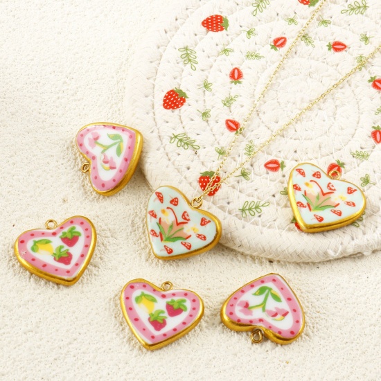 Picture of Eco-friendly PVD Waterproof Anti-Tarnish Hypoallergenic 304 Stainless Steel & Ceramic Valentine's Day Charms Wholesale 18K Real Gold Plated Multicolor Heart Printed 27mm x 24mm